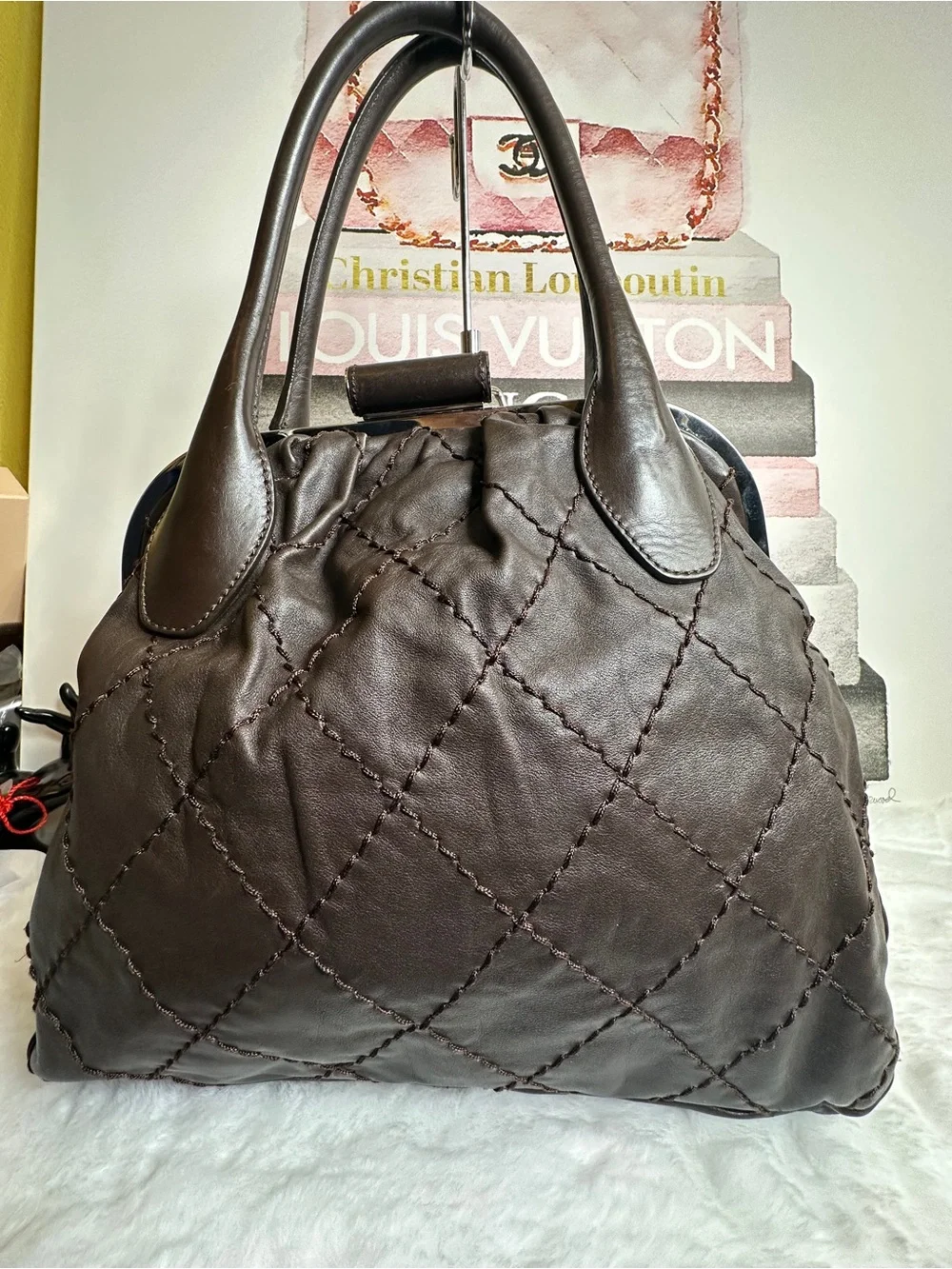 CHANEL CC SHW Handbag Calfskin Leather Brown